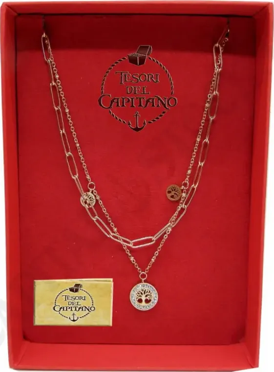 Tesori - Collana Donna in Acciaio Doppia Catena Rosè Con Albero Della vita - ID 4855