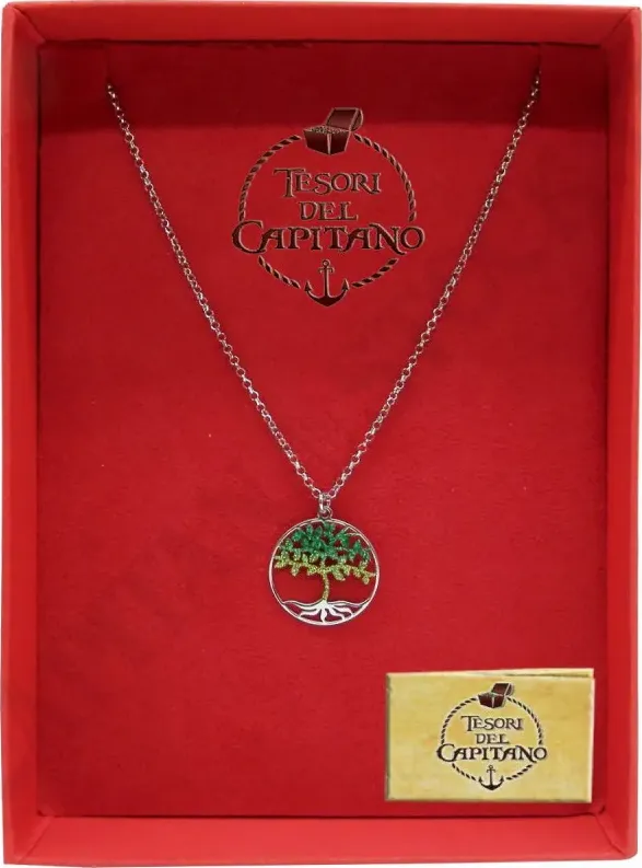 Tesori - Collana Donna in Argento 925‰ Ciondolo Piccolo Albero della Vita Verde  - ID 4654