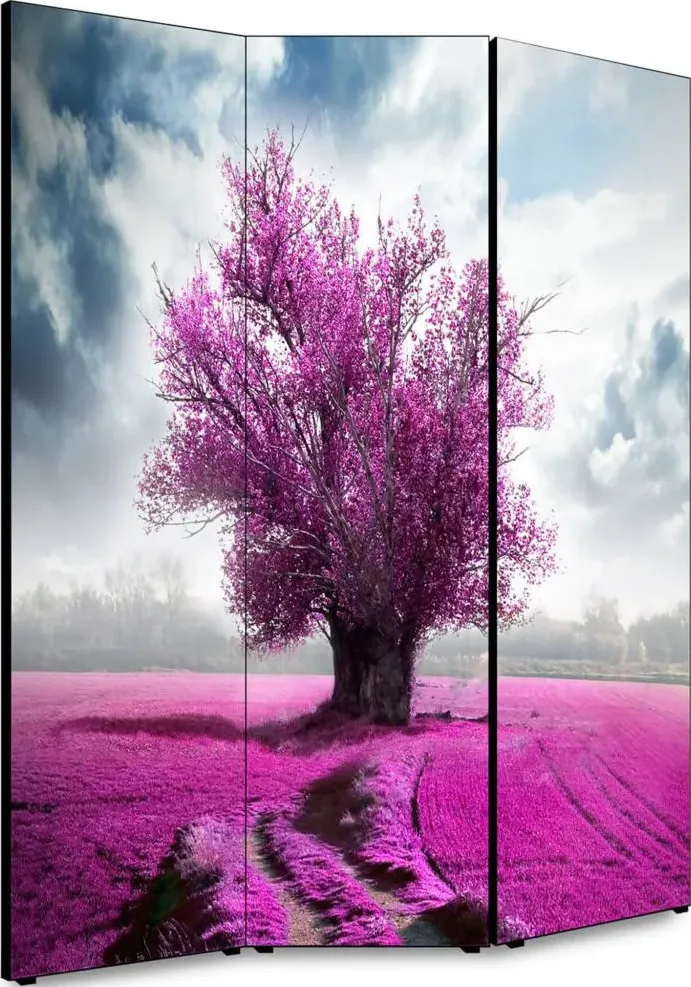 Separe' per interni, divisorio 135,6 x h 176 x p 3,1 cm albero solitario violet paravento 3 ante in legno con tele stampate fronte retro soggetto unico -