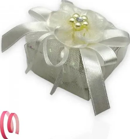 Porta confetti Anniversario in pvc con fiore e nastri BIANCO