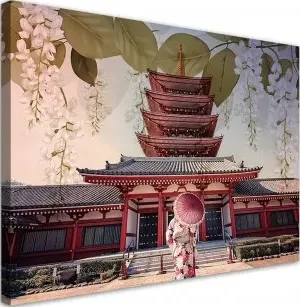 Quadro su tela, Geisha e tempio giapponese