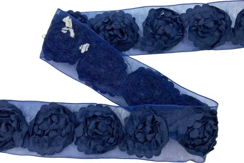 50 Cm Passamaneria Base Nastro Organza Blu Fiore Tessuto Raso Rose