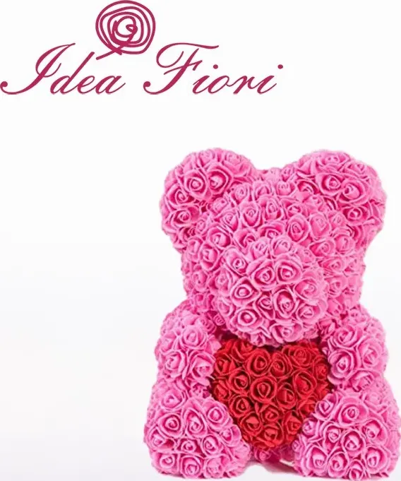 Teddy rose in foam rosa con cuore rosso - idea fiori