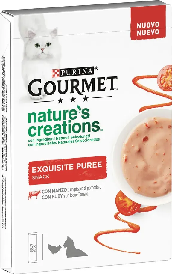 Gourmet Nature's Creations Snack per gatti Exquisite Puree Manzo e Pomodoro 5x10 gr