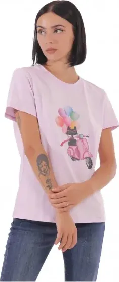 T-Shirt Mimì Muà donna con gatto su vespa e palloncinicon strass