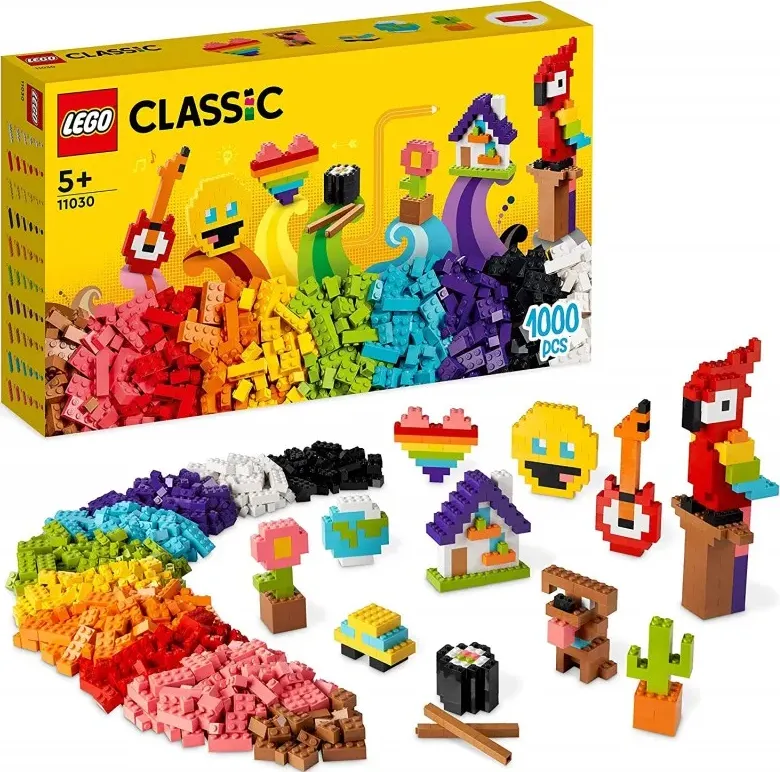 Lego 11030 classic tanti tanti mattoncini, set di costruzioni con emoji sorridente, pappagallo, fiori e altro, regalo creativo,