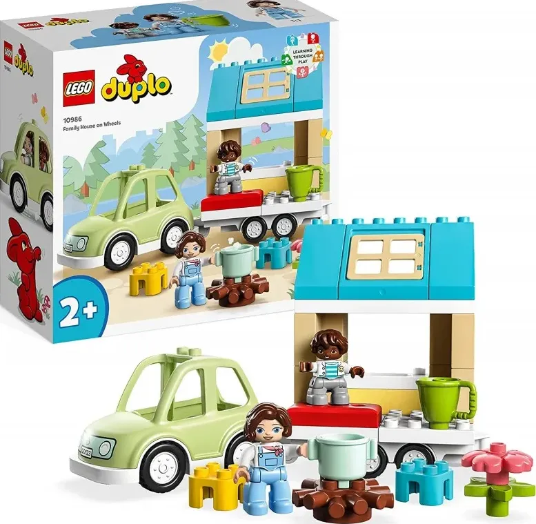 Lego 10986 duplo town casa su ruote, set da campeggio con mattoncini grandi e figure, macchina giocattolo per bambina e bambino