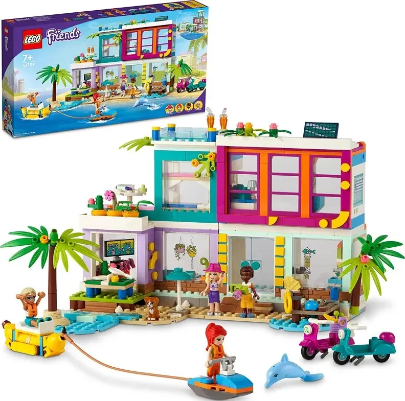 Lego friends casa delle vacanze sulla spiaggia, con piscina, mini bamboline mia e accessori, costruzioni per bambini dai 7 anni