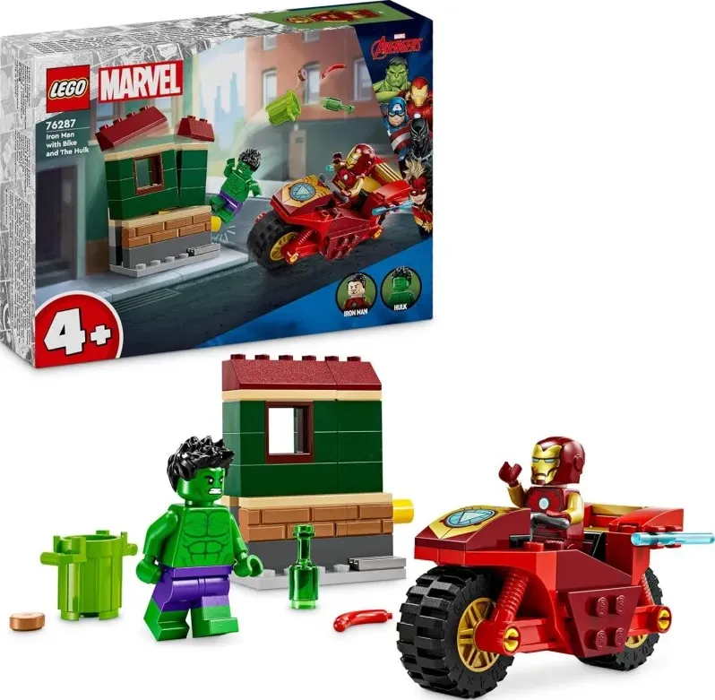 Lego marvel iron man con moto e the hulk, giocattolo da costruire con 2 minifigure di supereroi e casa da demolire, set avengers