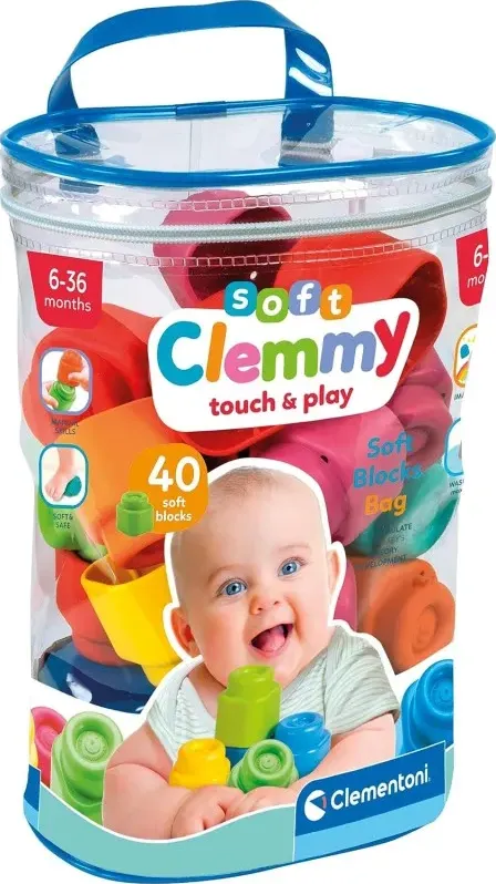 Clementoni -17878 - soft sacca 40 set costruzioni prima infanzia, mattoncini morbidi clemmy, blocchi bambini 6 mesi, gioco senso