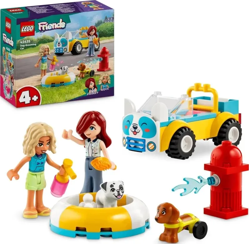 Lego friends auto per la toelettatura dei cani, con 2 personaggi, 2 cuccioli e accessori per la cura degli animali, giochi per b