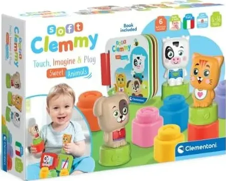 Clementoni - soft clemmy - sweet animals book playset - mattoncini morbidi, set costruzioni prima infanzia, gioco bambini 6 mesi