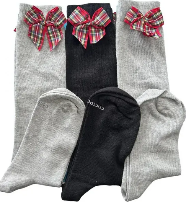 3 paia calzini lunghi bambina in caldo cotone assortiti con fiocco tartan coccoli