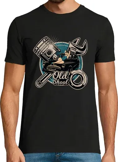 T-shirt uomo manica corta pin up girl rockabilly old school meccanico di automobili