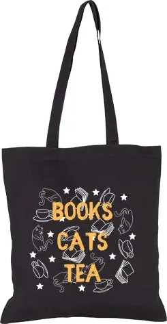 Borsa di tela libri, gatti, tè nero