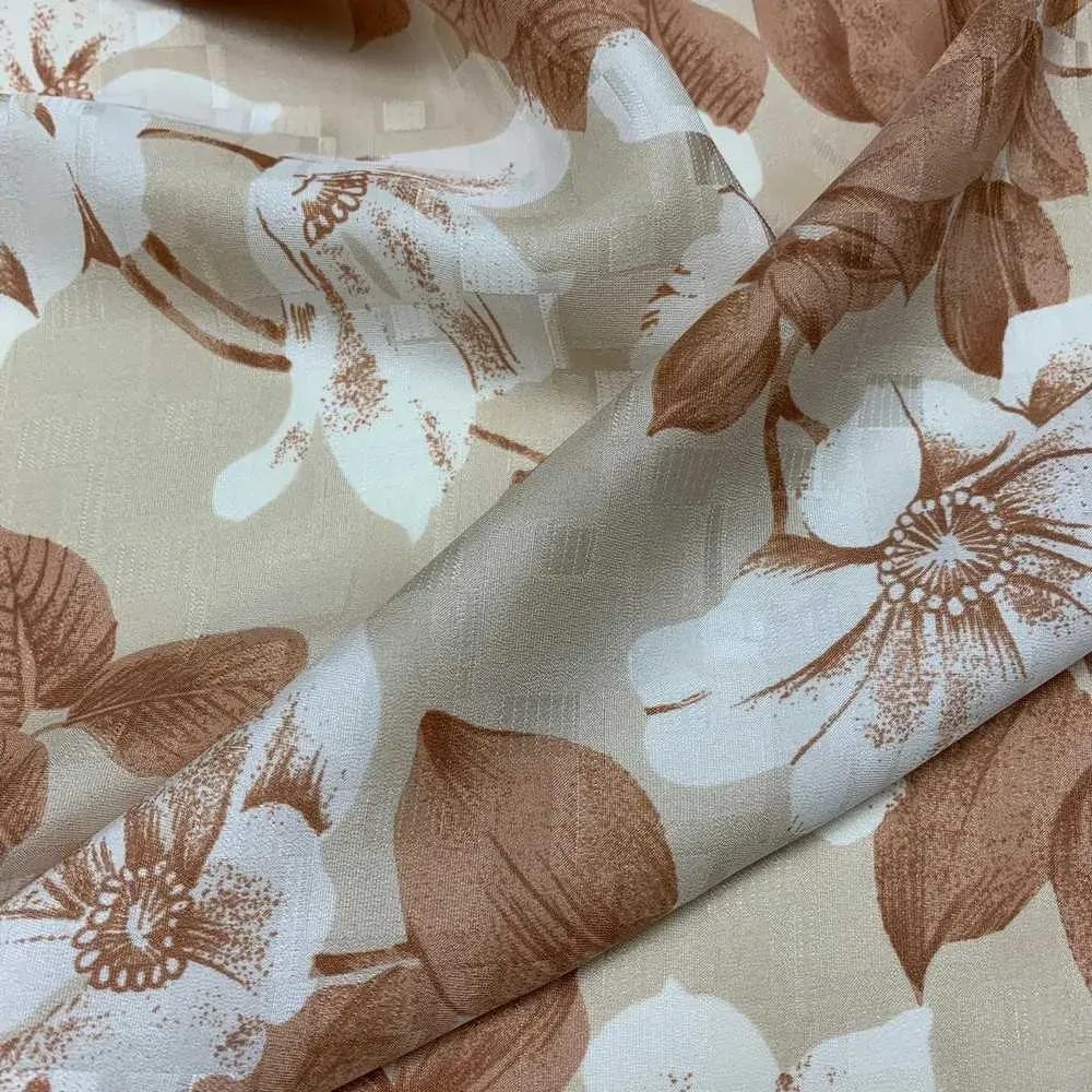 Tessuto Pura Seta Fiori Beige Marrone 100x140 Cm