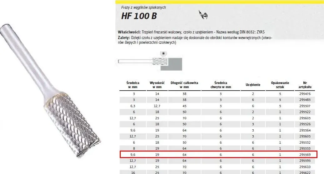 Klingspor, Punte per fresa, Klingpsor 295569 HF 100 B, fresa in metallo duro, 9,6X19X6, 6, 1