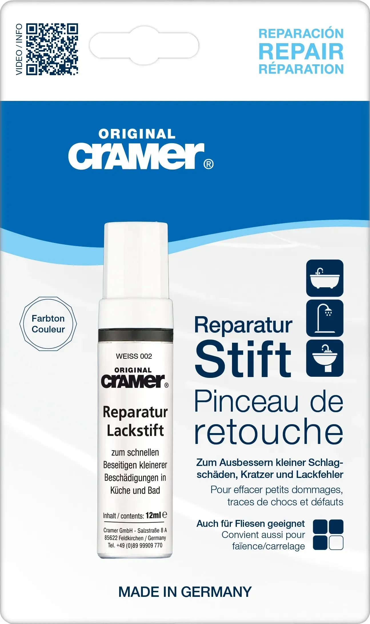 Cramer, Vernice speciale, Penna per riparazioni 12 ml bianco puro per ceramica, smalto e acrilico (Bianco puro, 0.01 l)