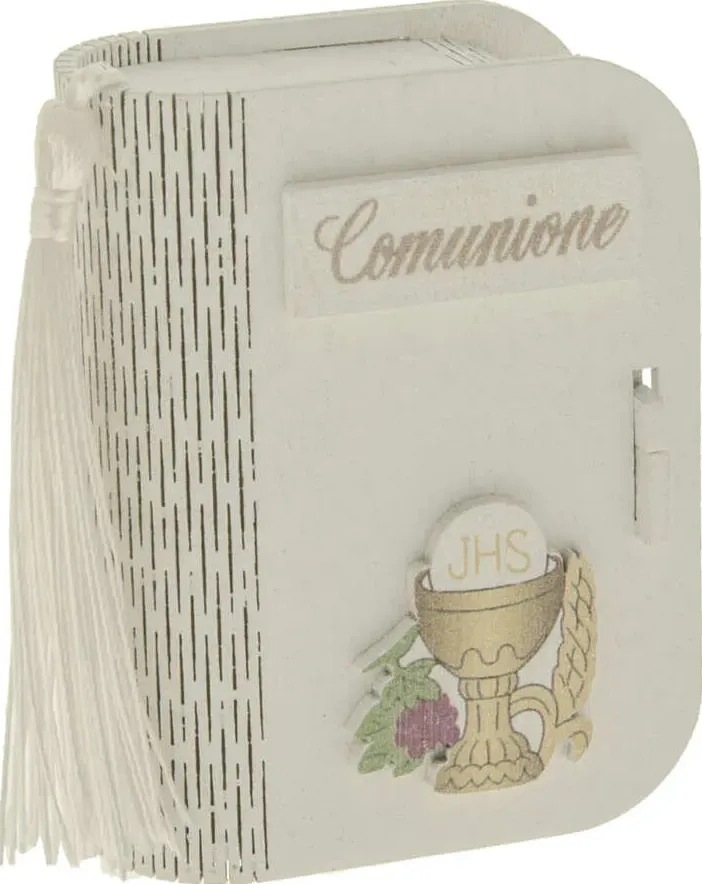 Bomboniera Libro in Legno Bianco porta confetti con simbolo Comunione