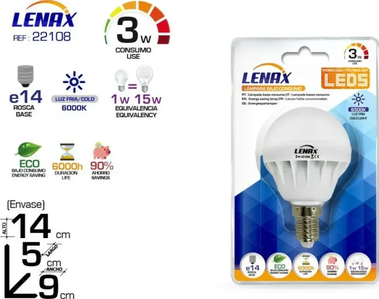 Lampada risparmio led e14 sfera  3w