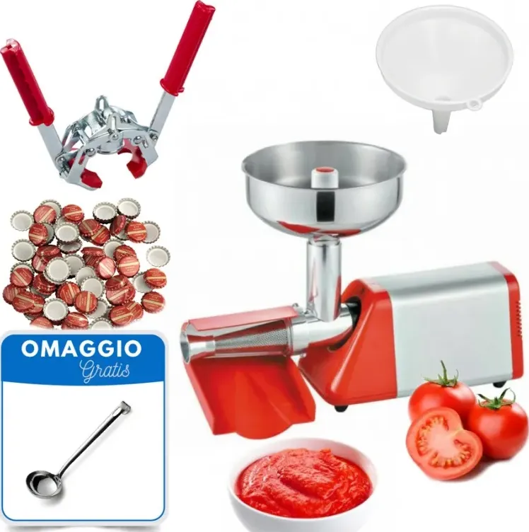 kit attrezzatura per salsa di pomodoro 5 pz (passatrice-tappatrice-tappi-imbuto + omaggio) di ragstore.it