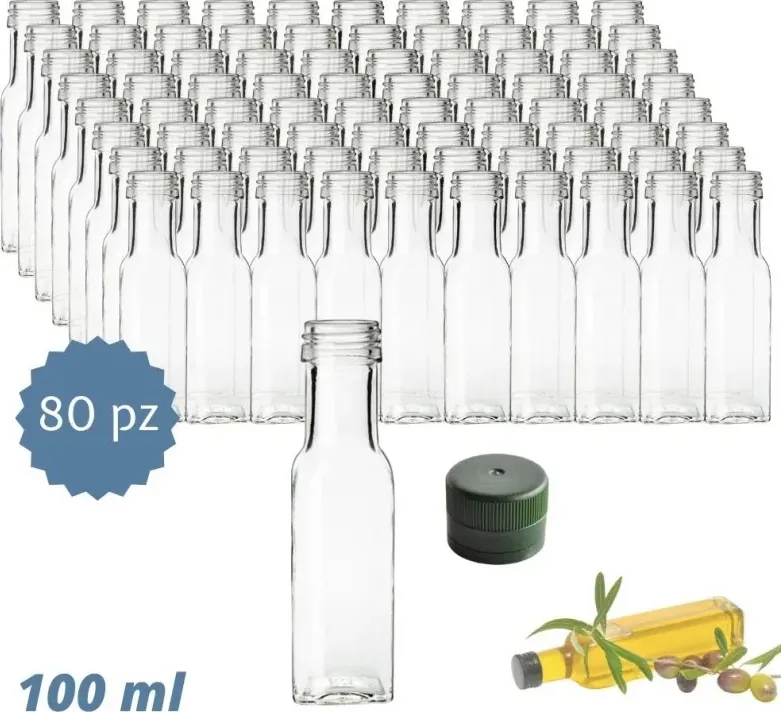 80 pz bottiglie marasca trasparenti da 100 ml con tappi verde