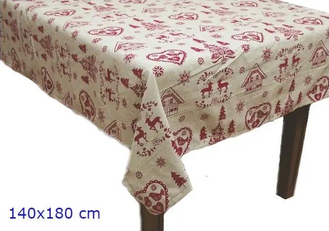 Tovaglia tessuto ecru renne e decori rossi 140x180 cm