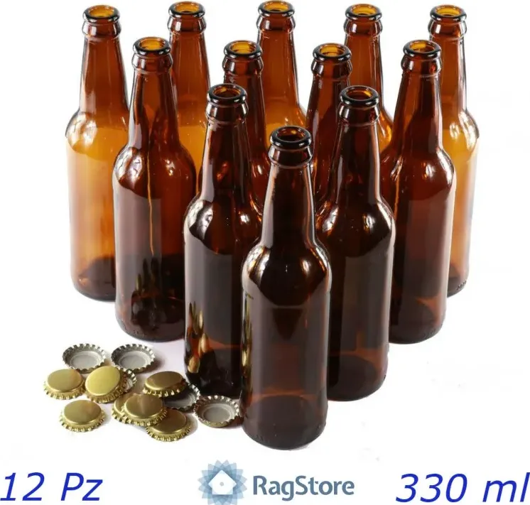 12 bottiglie vetro marrone per birra 330 ml - 33 cl con tappi corona